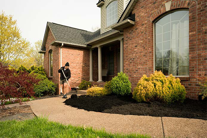 Man spreading out fresh much in landscape bed