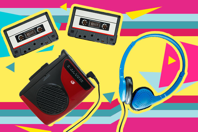 Cassette tape player with over the ear headphones