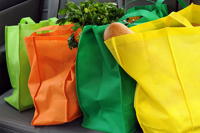 Reusable grocery bags filled with groceries in the back of a vehicle