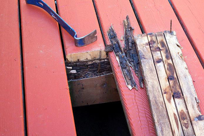 Old cedar damaged by wet rot on deck removed and prepared for new decking