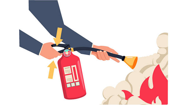 Illustration showing to squeeze extinguisher handle/lever