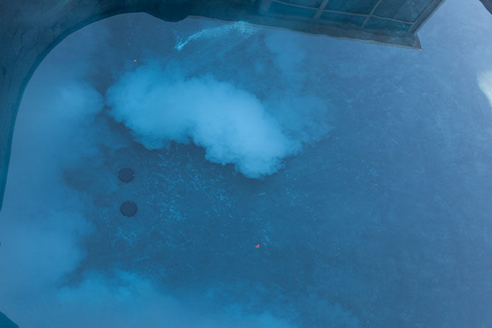 Overhead view of shock treatment in pool, cloudy water