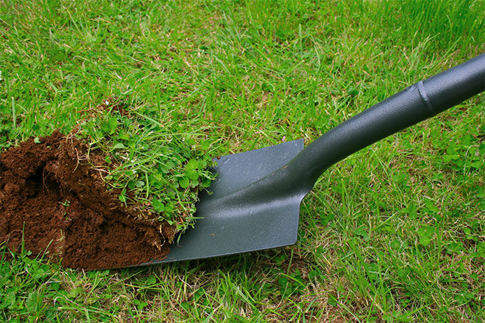 A close up image of a spear head shovel digging into a grassy lawn