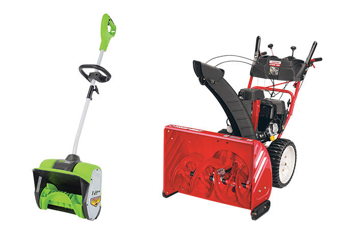 Left side is a green snow thrower and on the red side is a red gas powered snow blower