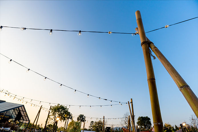 Outdoor patio string lights at sunset