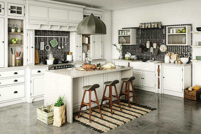 A modern kitchen with white cabinets, gray marbled tile and dark wood accents 
