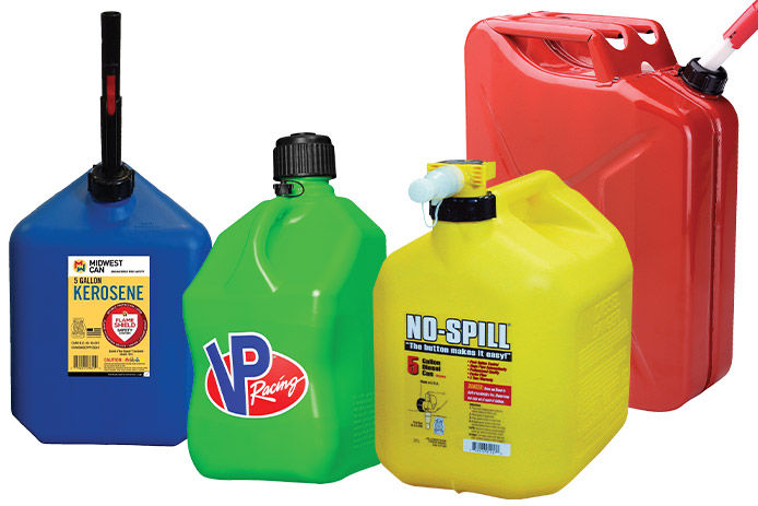 Four different colored gas cans used for a variety of gases/liquids