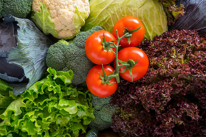 A variety of vegetables including tomatoes, broccoli, cauliflower, cabbage and lettuce