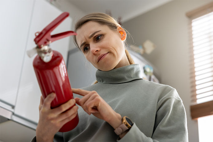 Woman holding fire extinguisher in kitchen looking at the label