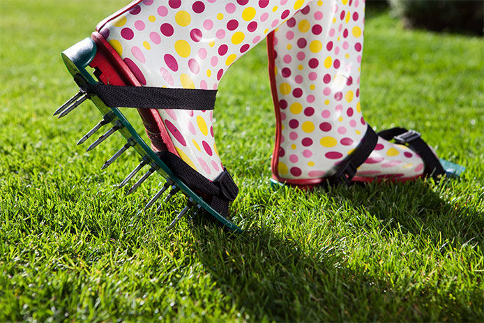 Woman wearing spiked lawn revitalizing aerating shoes, gardening