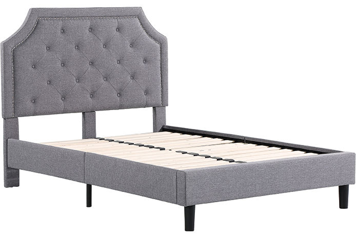 a gray blue cloth bed frame without the mattress or boxspring