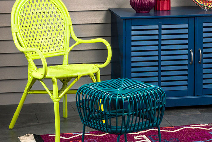 Brightly colored wicker patio furniture