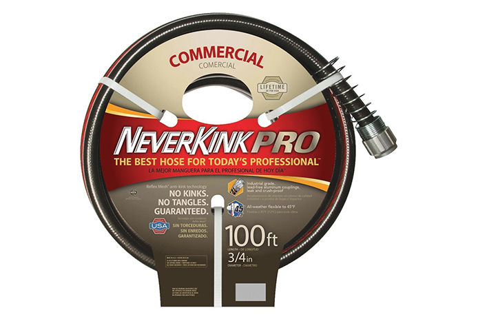 A product image of a 100 foot commercial black garden hose