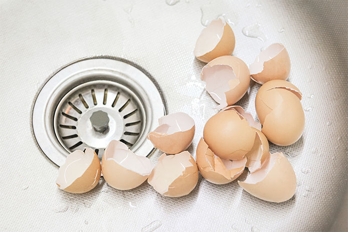 A handful of egg shells in kitchen sink near drain