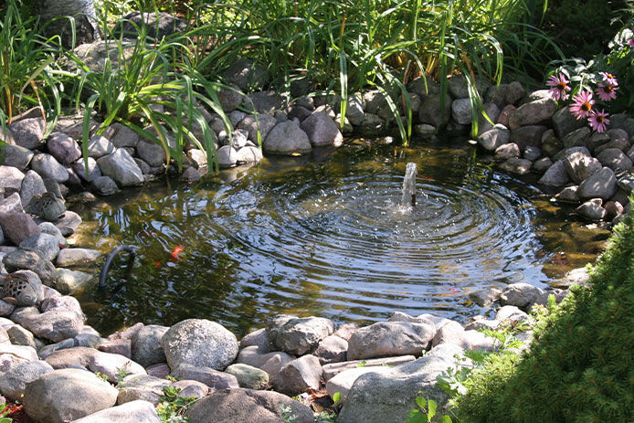 A beautiful pond on a sunny day, with a fountain in the middle creating a gentle cascade of water. Surrounding the pond are rocks and plants, creating a natural and serene environment. The water in the pond is clear and calm, reflecting the surrounding natural elements. This image is perfect for those interested in backyard landscaping, water features, and creating a peaceful outdoor space. 