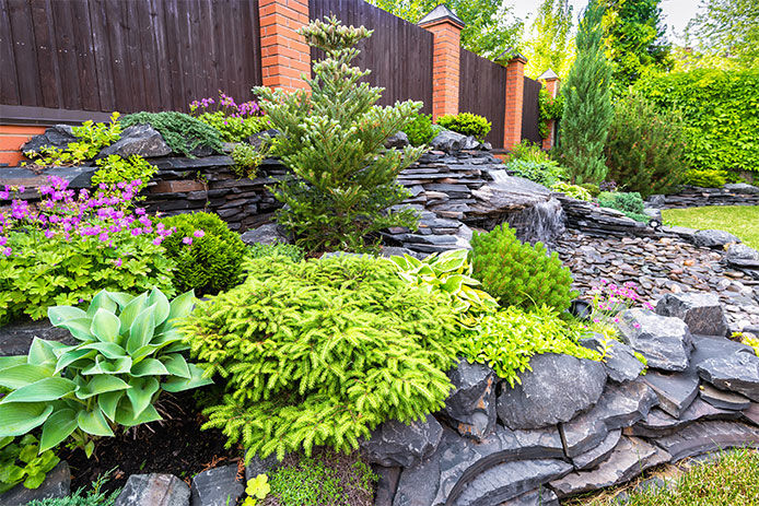 Landscape design of home garden close-up. Detail of beautiful landscaped garden with green plants, flowers and small waterfall. Natural stone landscaping in backyard in summer.