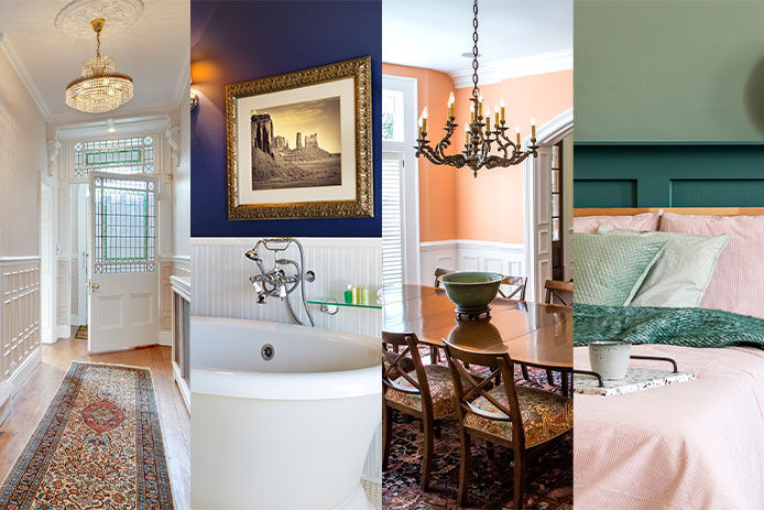 A collage of 4 images of different rooms in a house showcasing the use of wainscotting on the walls