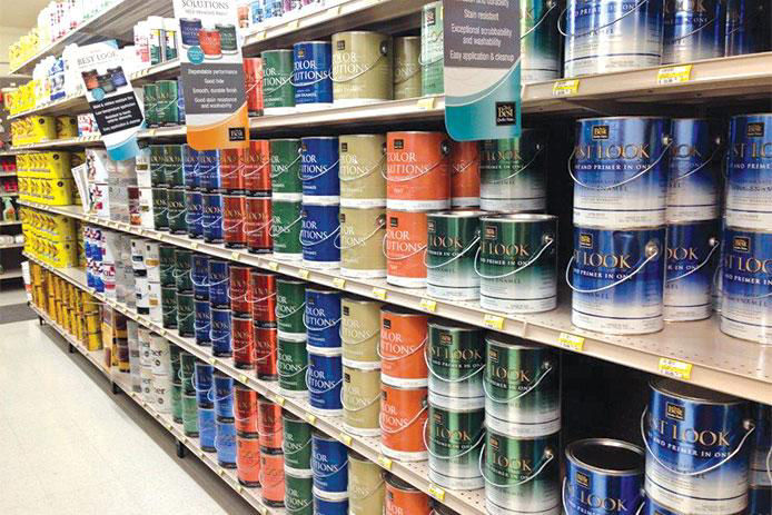 Paint cans on a shelf
