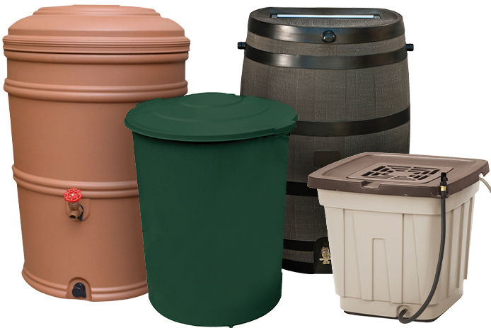 A variety of rain barrels that range in size and shape that can be purchased at your local hardware store