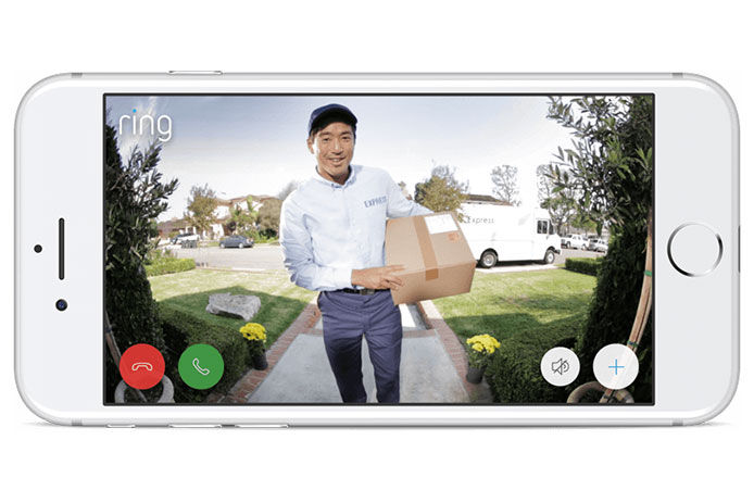 Smartphone showing a still image of a person delivering a package to someone's front door