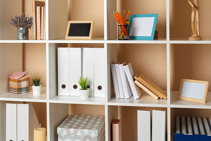 Box shelves with decor and other items