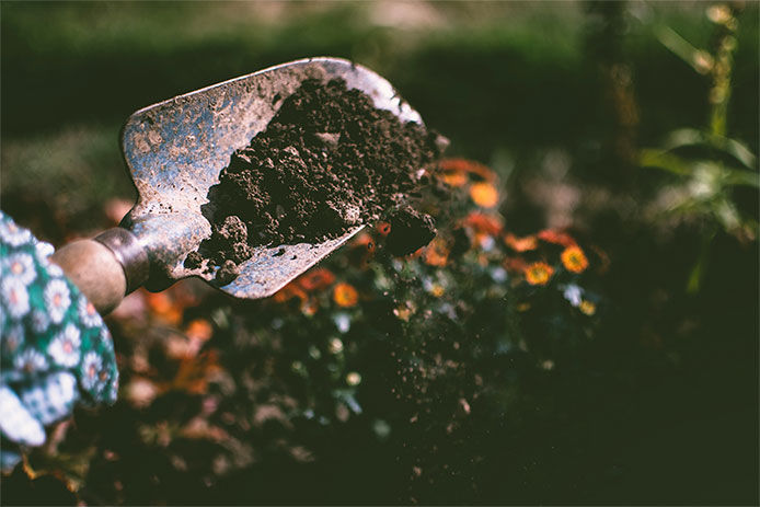 a blurred close up of a woman holding a hand shovel as she scoops up dirt from the garden