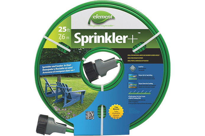 A product image of a 25 foot green sprinkler hose 