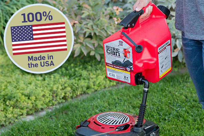 Showing a man using a SureCan to fill his lawn mower with fuel