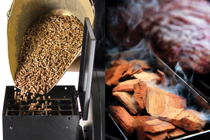 Wood pellets being poured into a pellet grill on the left with chopped wood on the right hand side of the image