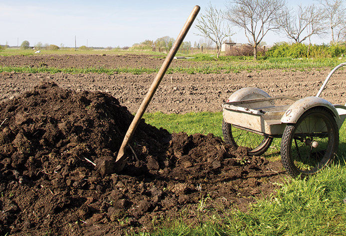 A garden plow in a pile of dirt