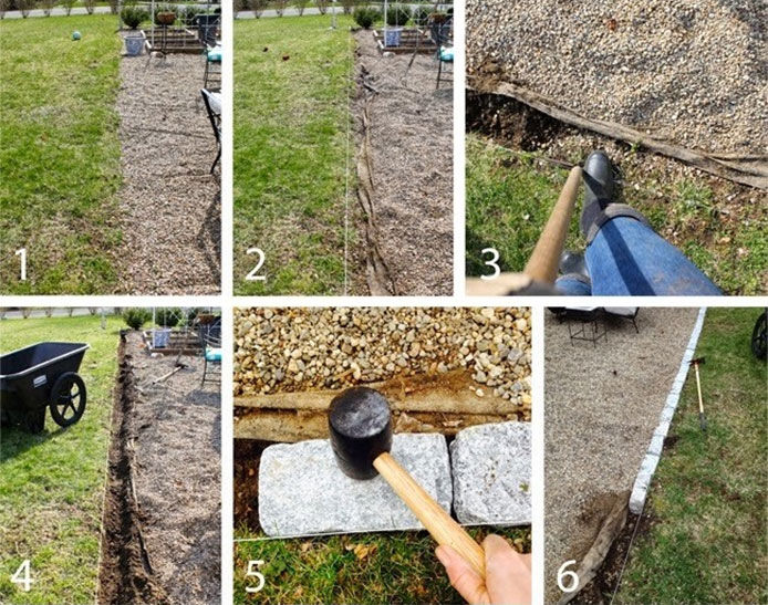 Adding paver stones to the edge of a patio lined with pea pebbles