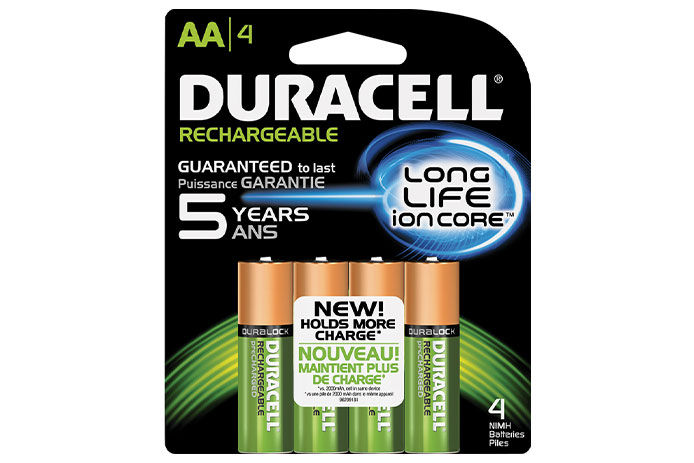A package of Duracell AA Rechargeable batteries. The package is black and contains four copper and green colored batteries. 