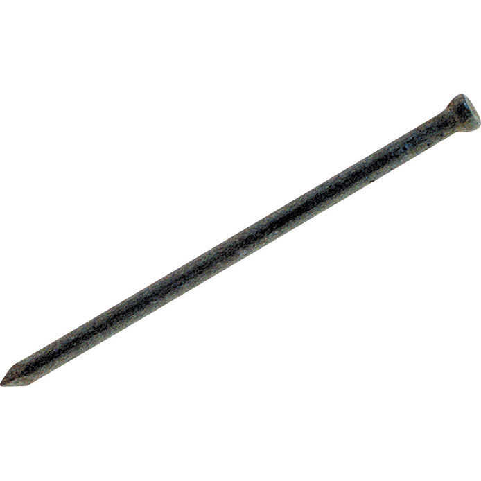 A single black finishing nail, shot against a clean white background, ideal for use in home improvement projects.