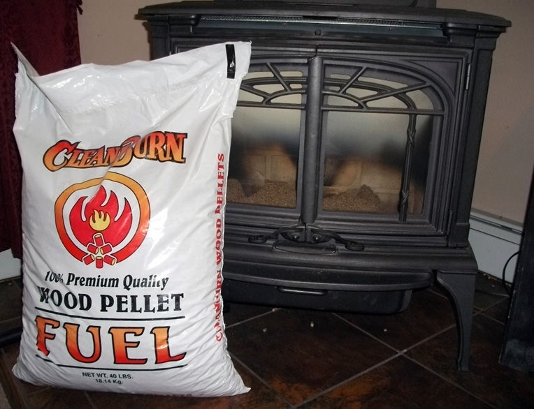 clean burn wood pellets in front of heating stove