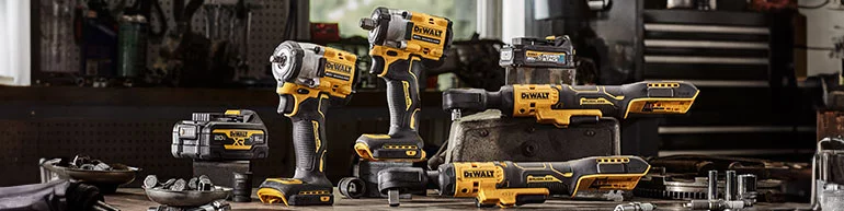 DeWalt group lifestyle shot of automotive power tools in a garage