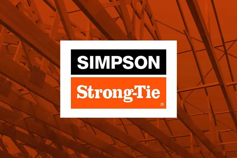 The Simpson Strong-Tie logo over an orange tinted image of trusses
