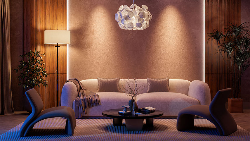 Artificial lighting in a living room late in the evening