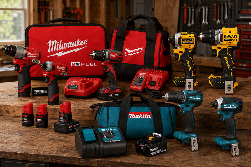 Milwaukee, Makita and DeWalt drills