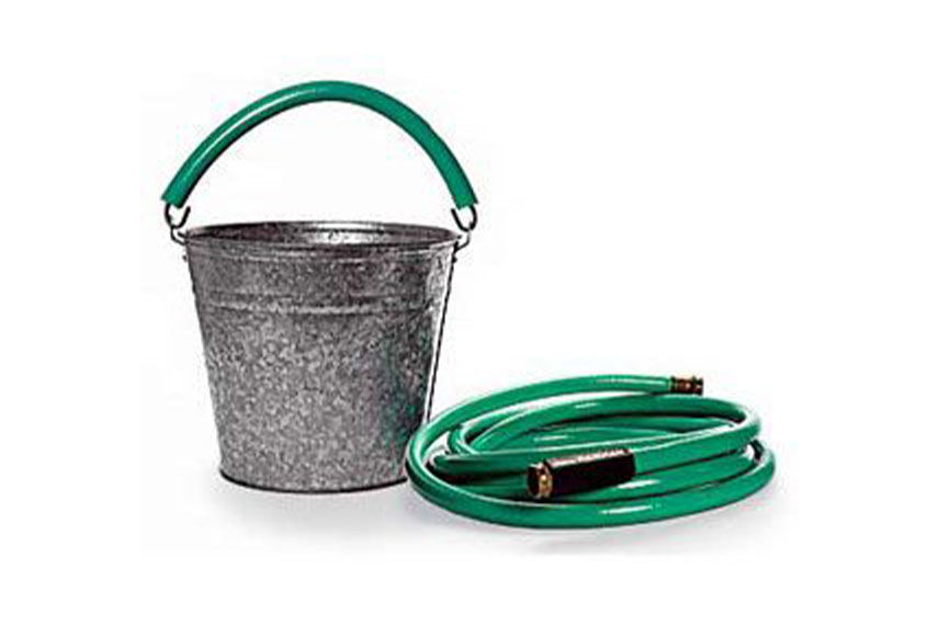 Metal bucket with a garden hose handle