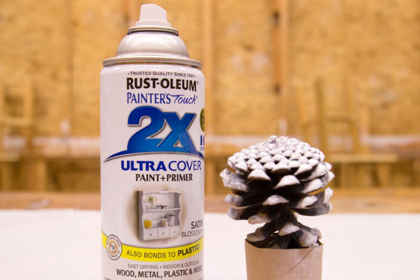 Can of spray primer and a pincone in a toilet paper holder 