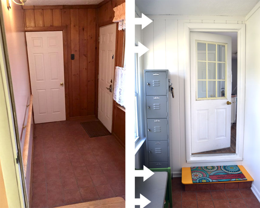 Before and after image of a newly renovated mudroom