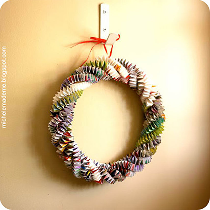 A wreath made of gift wrap