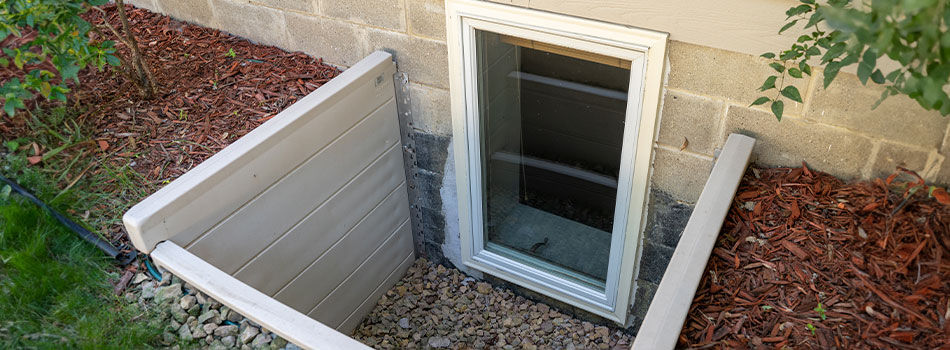 A basement egress window on the side of a home with rocks and red mulch surrounding it 