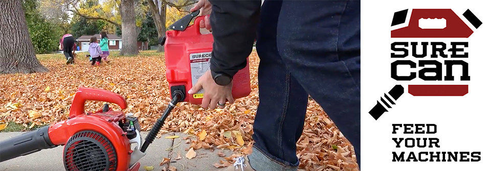 Man using a SureCan to fill his leaf blower with fuel