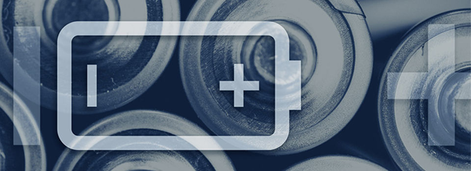 A white-outlined battery symbol shows a positive and negative charge, overlaying a blue and grey image of battery ends.