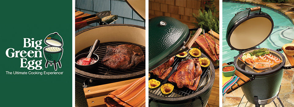 A collage image of Big Green Egg kamado-style ceramic grills