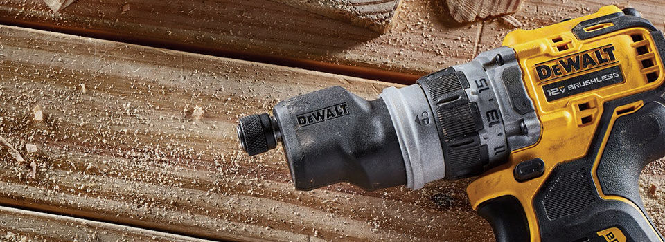 Close-up of a DEWALT brushless cordless drill