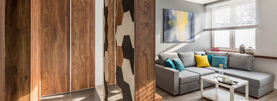 Wood and grey color scheme living room