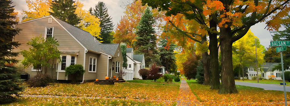 A house with a yard full of fallen, colorful leaves 