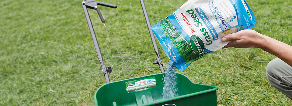 Person pouring grass seed into a spreader